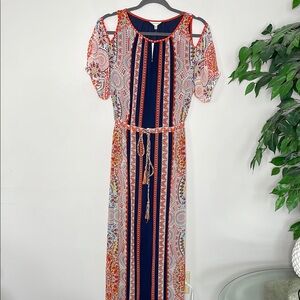 Max Studio Orange and Blue Cold Shoulder Flutter Sleeve Maxi Sundress